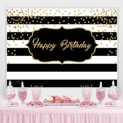 Lofaris Black and White Stripe Glitter Happy Birthday Backdrop