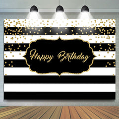 Lofaris Black and White Stripe Glitter Happy Birthday Backdrop