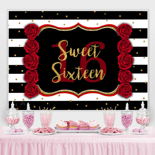 Lofaris Black-And-White Stripe Sweet 16Th Birthday Backdrop