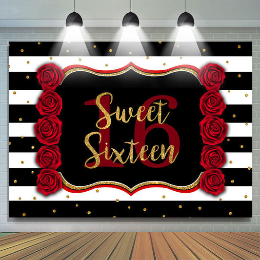 Lofaris Black-And-White Stripe Sweet 16Th Birthday Backdrop