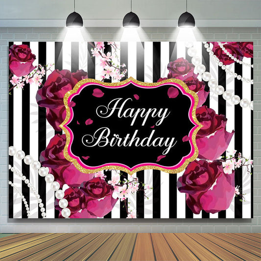 Lofaris Black and White Stripes Roses Happy Birthday Backdrop