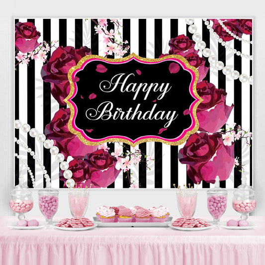 Lofaris Black and White Stripes Roses Happy Birthday Backdrop