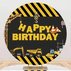 Lofaris Black And Yellow Crane Truck Birthday Round Backdrop