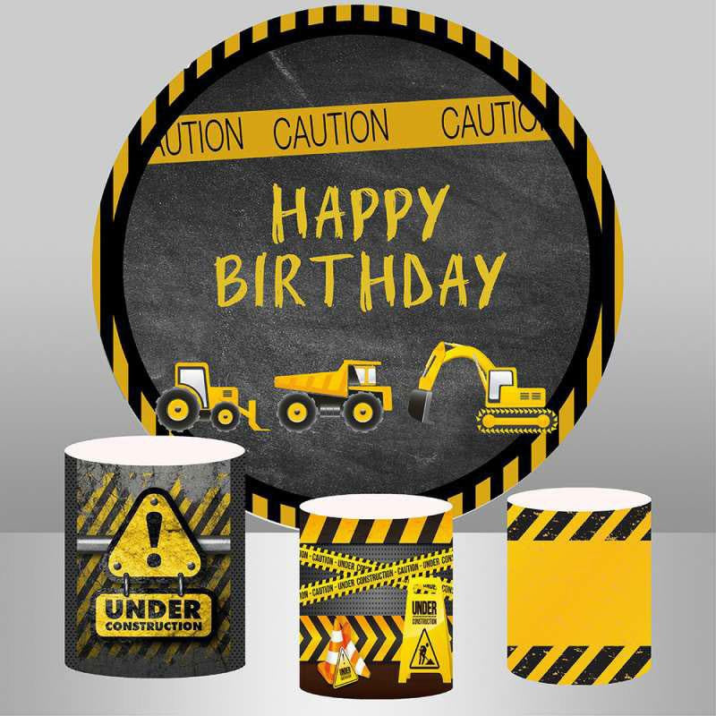 Lofaris Black And Yellow Round Truck Happy Birthday Backdrop