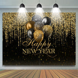 Load image into Gallery viewer, Lofaris Black Balloons And Gold Glitter Happy New Year Backdrop