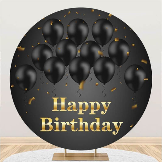 Lofaris Black Balloons Gold Round Happy Birthday Backdrop
