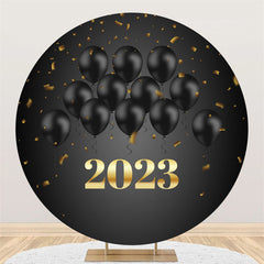 Lofaris Black Balloons Round Gold 2023 Happy New Year Backdrop