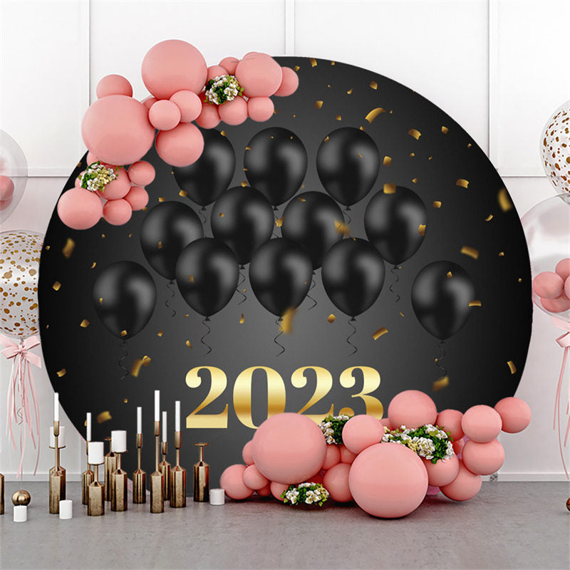 Lofaris Black Balloons Round Gold 2023 Happy New Year Backdrop