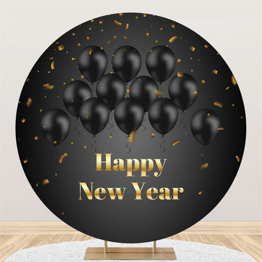 Lofaris Black Balloons Round Gold Happy New Year Backdrops