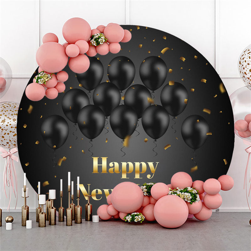 Lofaris Black Balloons Round Gold Happy New Year Backdrops