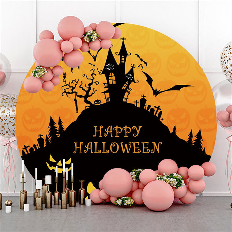 Lofaris Black Castle Bat Pumpkin Happy Halloween Round Backdrop