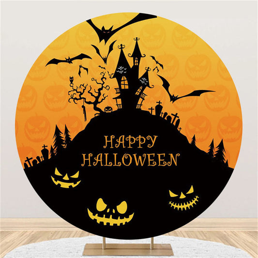 Lofaris Black Castle Bat Pumpkin Happy Halloween Round Backdrop