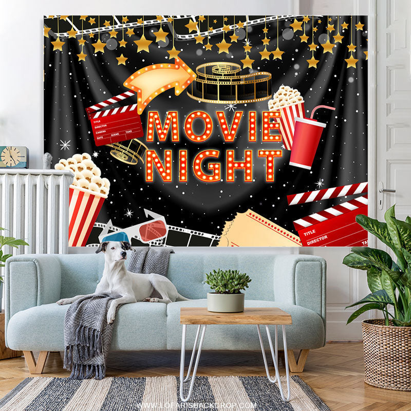 Lofaris Black Curtain And Gold Star Movie Night Party Backdrop