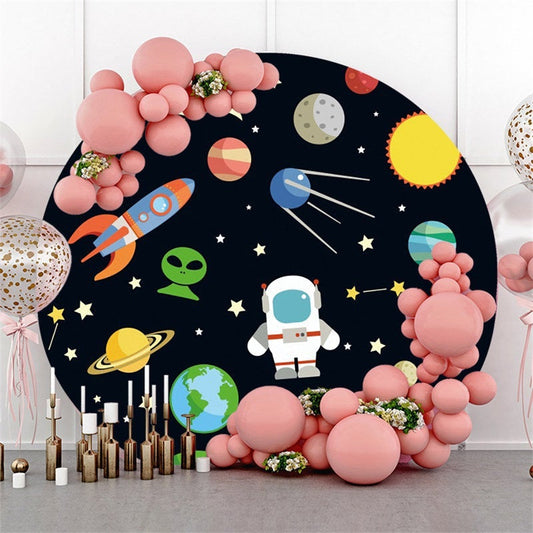 Lofaris Black Cute Galaxy Universe Round Happy Birthday Backdrop