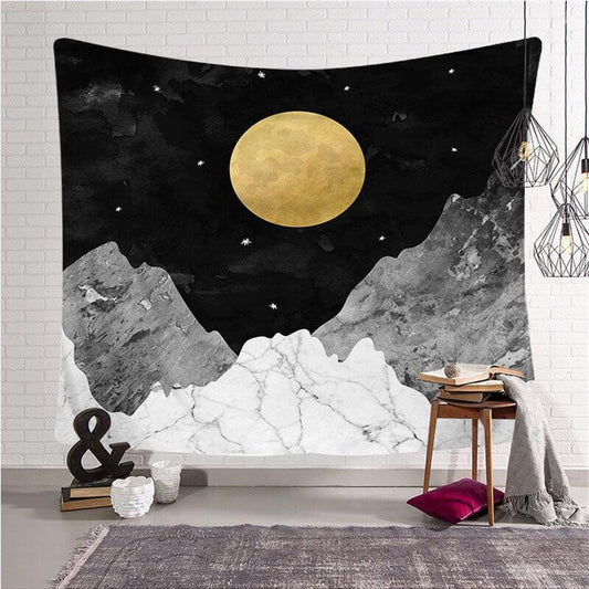 Lofaris Black Galaxy Yellow Moon Landscape Bohemian Wall Tapestry