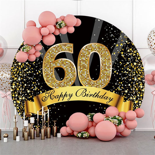 Lofaris Black Gold 60th Birthday Glitter Ribbon Round Party Backdrops