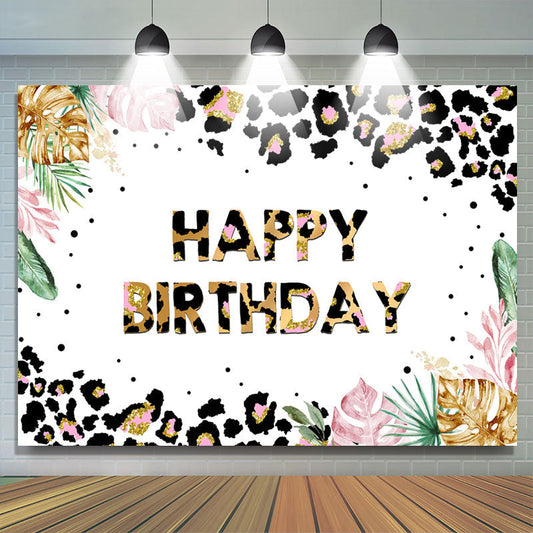 Lofaris Black Gold Pattern And Leaves Happy Birthday Backdrop