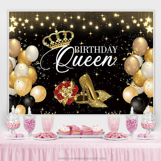 Lofaris Black Gold Queen Birthday Backdrop Banner For Woman