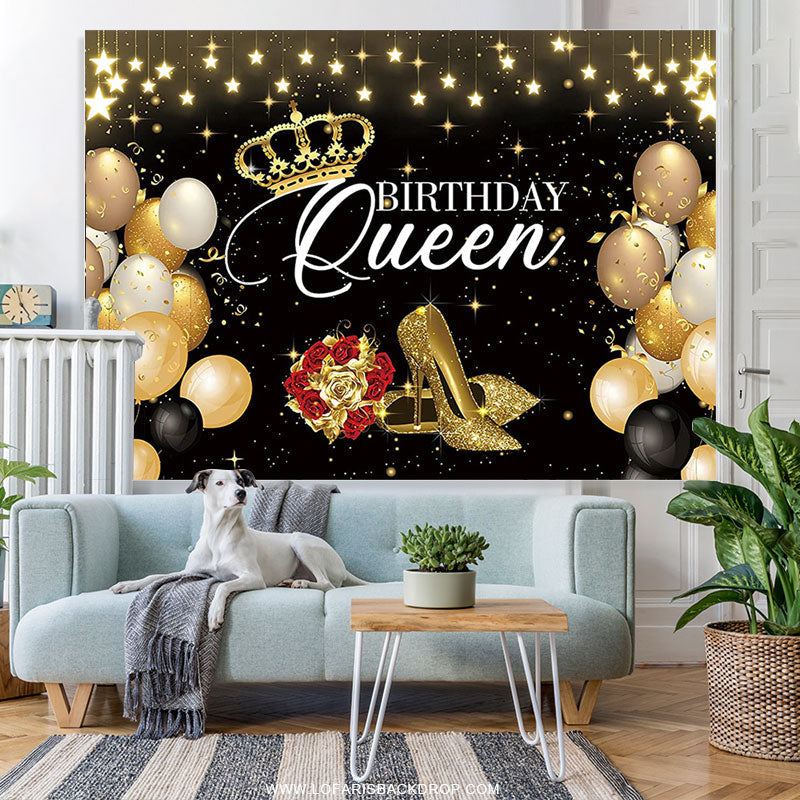 Lofaris Black Gold Queen Birthday Backdrop Banner For Woman