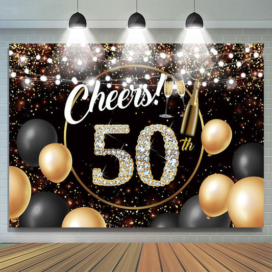 Lofaris Black Golden Balloon Cheers 50 Happy Birthday Backdrop