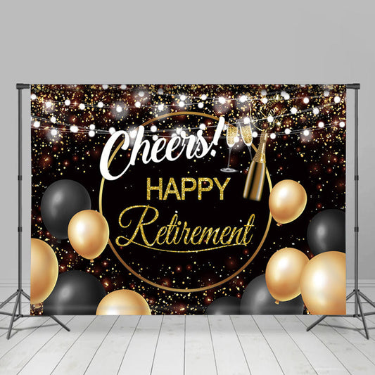 Lofaris Black Golden Balloon Cheers Happy Retirement Backdrop