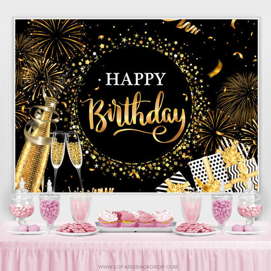 Lofaris Black Golden Champagne Star Happy Birthday Backdrop