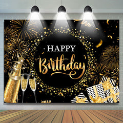 Lofaris Black Golden Champagne Star Happy Birthday Backdrop