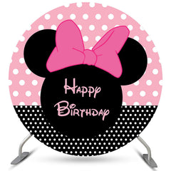 Lofaris Black Pink Cartoon Mouse Round Happy Birthday Backdrop