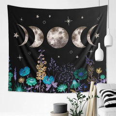 Lofaris Black Star and Cyan Floral Moon Family Wall Tapestry