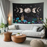Load image into Gallery viewer, Lofaris Black Star and Cyan Floral Moon Family Wall Tapestry