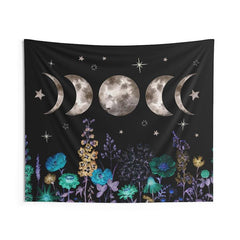 Lofaris Black Star and Cyan Floral Moon Family Wall Tapestry