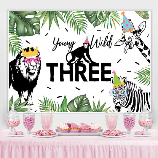 Lofaris Black-White Safaris Green Leaves Wild Three Backdrop