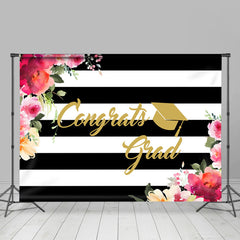 Lofaris Black-White Stripes Floral Theme Congratsgrad Backdrop
