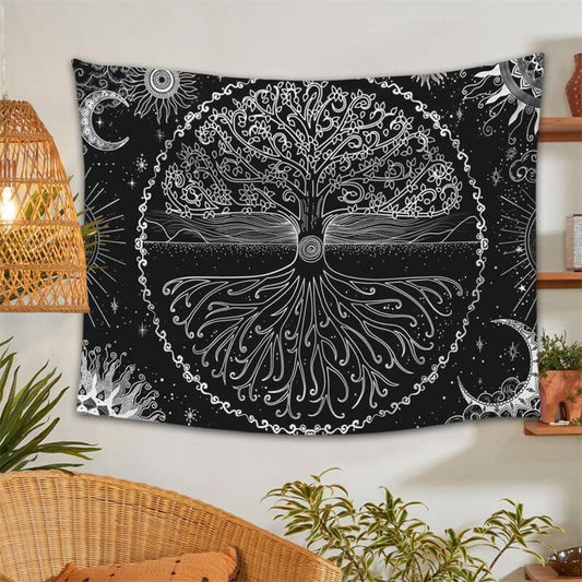 Lofaris Black White Tree Lake Reflection Abstract Wall Tapestry