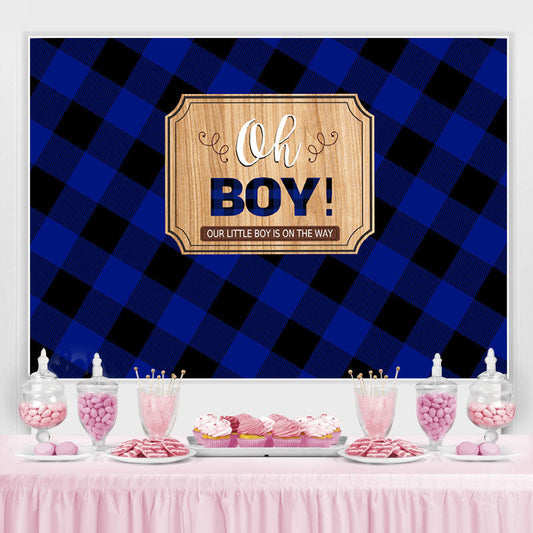 Lofaris Blue and Black Grid Stripe Oh Boy Baby Shower Backdrop