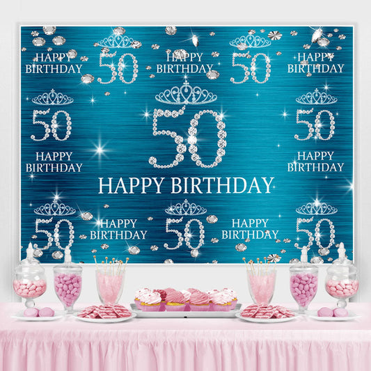 Lofaris Blue And Glitter Bokeh Happy 50Th Birthday Backdrop