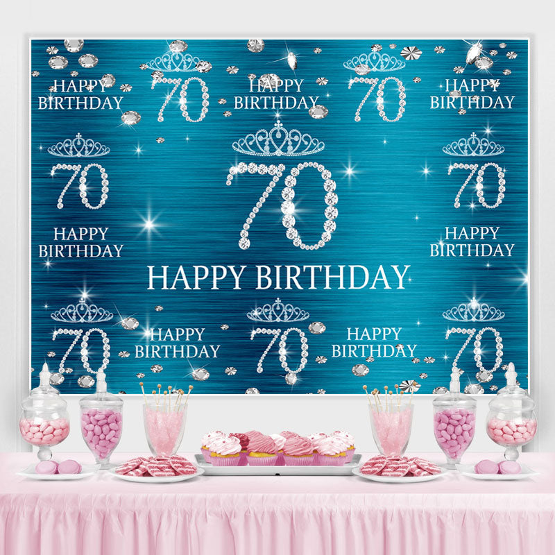 Lofaris Blue And Glitter Crown Happy 70Th Birthday Backdrop