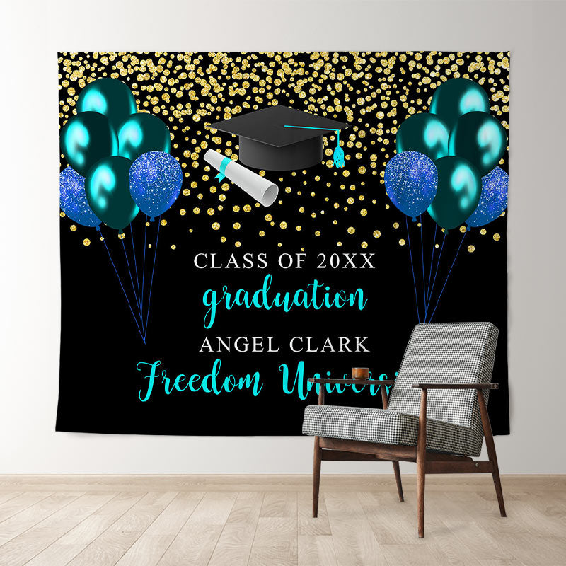 Lofaris Blue And Glitter Gold Balloons Graduation Backdrop