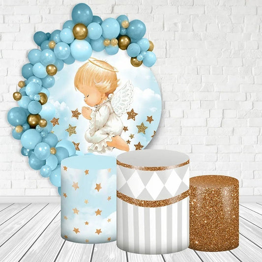 Lofaris Blue And Gold Glitter Angle Round Baby Shower Backdrop Kit