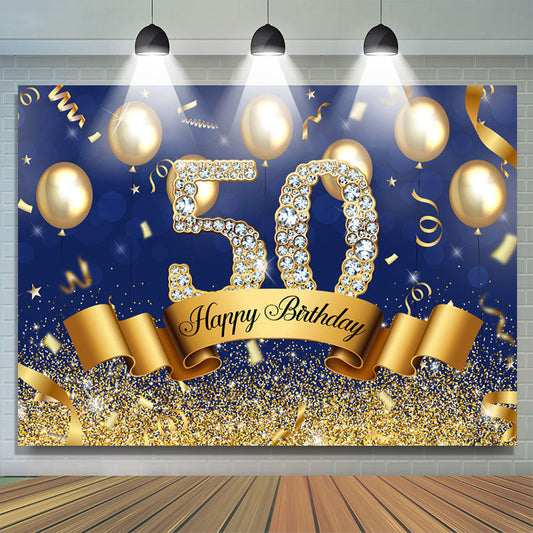 Lofaris Blue And Golden Balloon Happy 50Th Birthday Backdrop