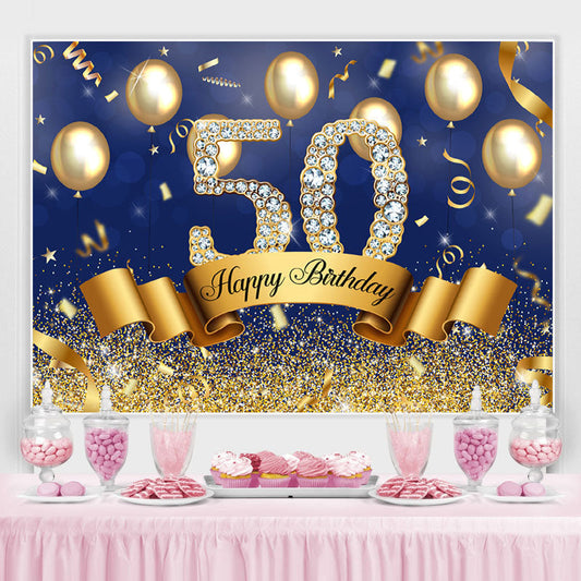 Lofaris Blue And Golden Balloon Happy 50Th Birthday Backdrop