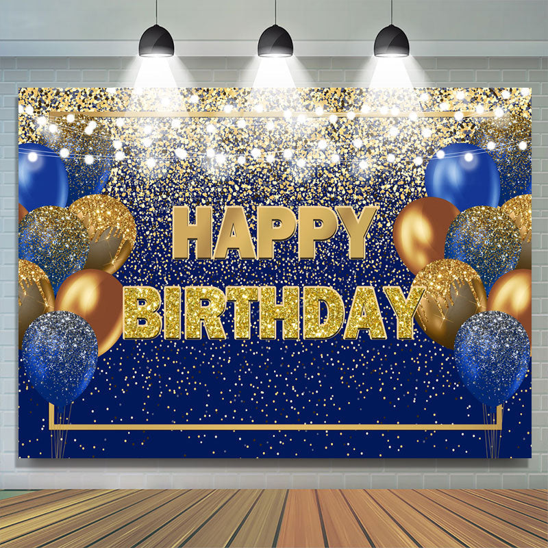 Blue and Golden Balloon Lights Happy Birthday Backdrop – Lofaris