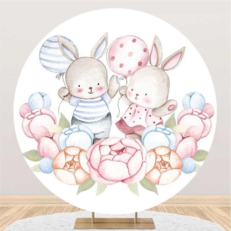 Lofaris Blue And Pink Ballon Rabbit Round Baby Shower Backdrop