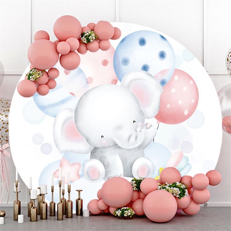 Lofaris Blue And Pink Ballons Round Elephant Baby Shower Backdrop