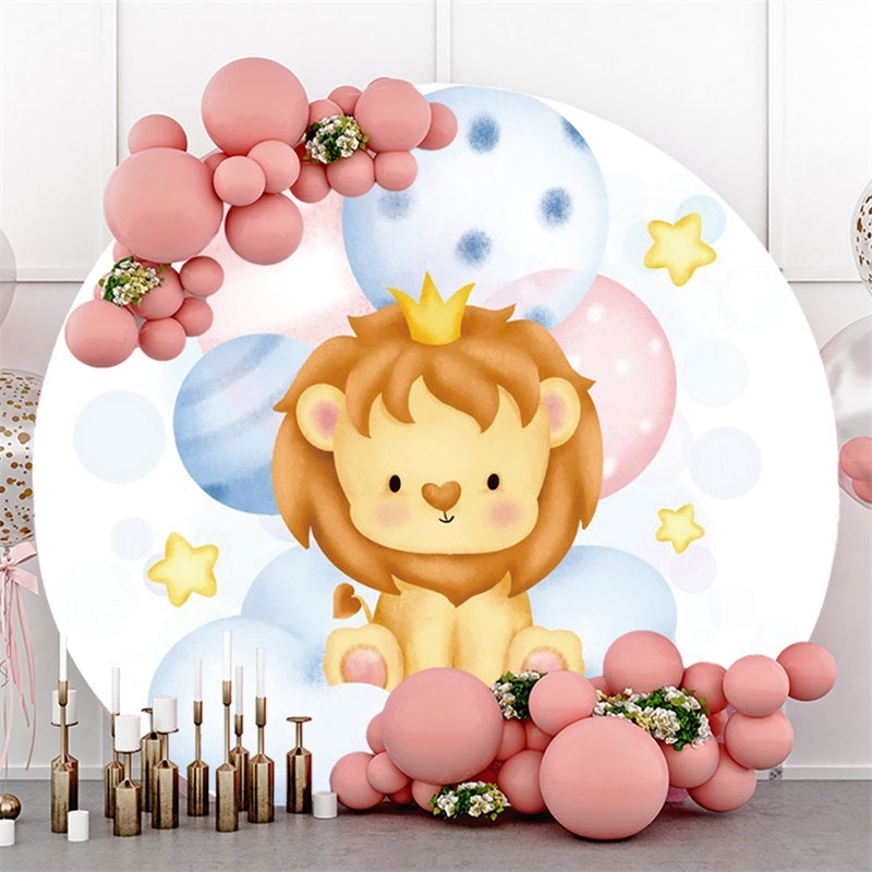 Lofaris Blue And Pink Ballons Round Lion Baby Shower Backdrop