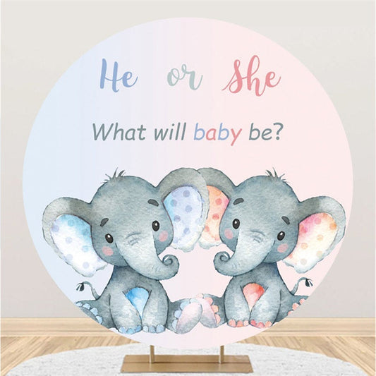 Lofaris Blue And Pink Elephants Round Baby Shower Backdrop