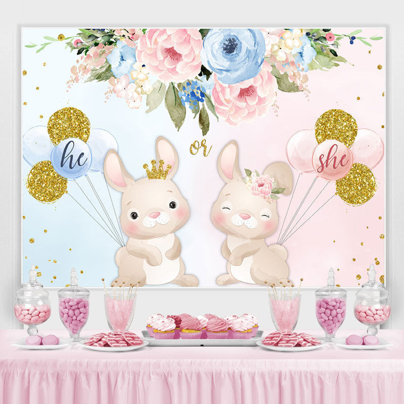 Blue And Pink Floral Balloon Rabbit Baby Shower Backdrop - Lofaris