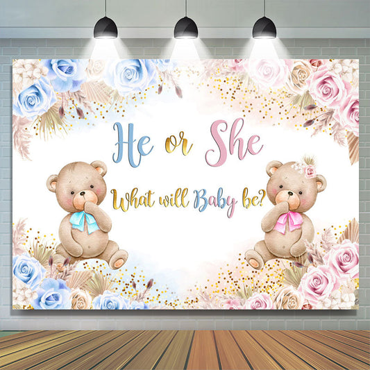 Lofaris Blue And Pink Flower Teddy Bear Baby Shower Backdrop