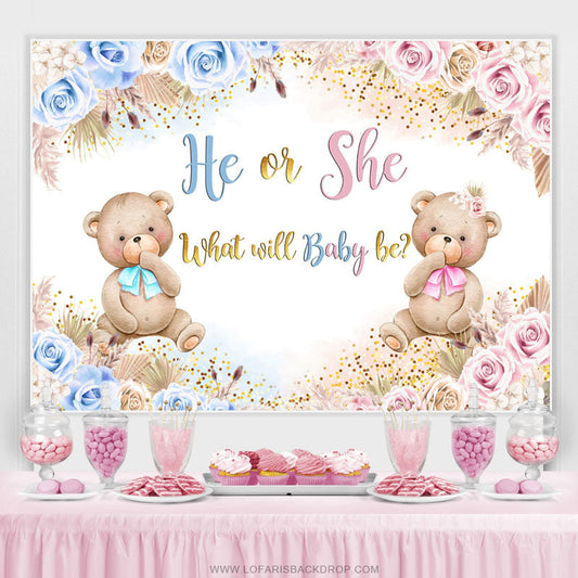Lofaris Blue And Pink Flower Teddy Bear Baby Shower Backdrop