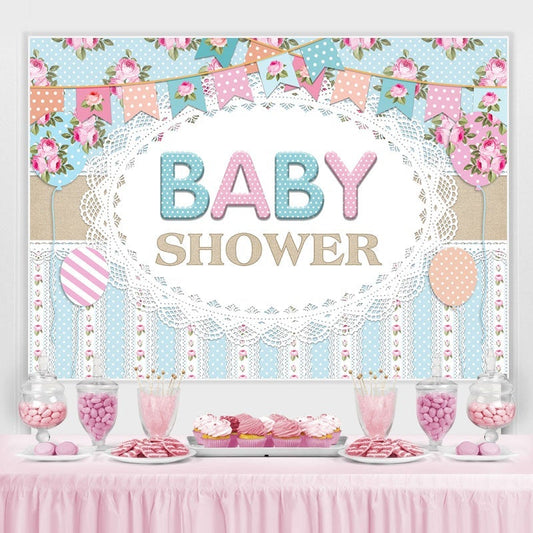 Lofaris Blue And Pink Flowers Flags Themed Baby Shower Backdrop